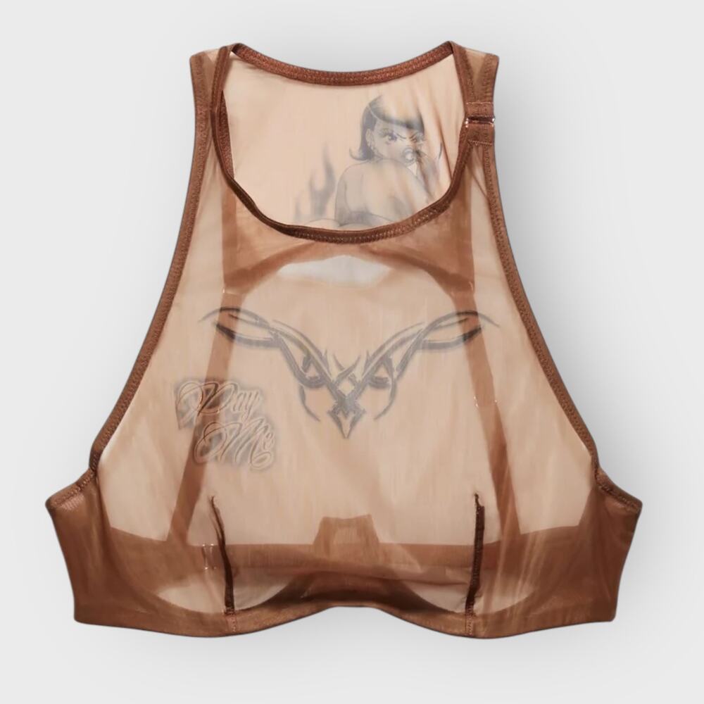 Savage X Fenty Tattooed Tricot High Neck Bra 32C Brown Lace Detail Sexy Lingerie